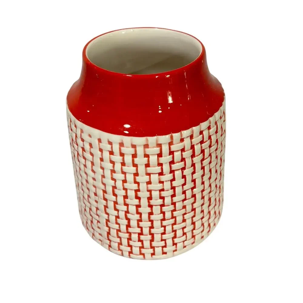 FTD ceramic vase flower pot planter red & white basket weave retro 1970s style
